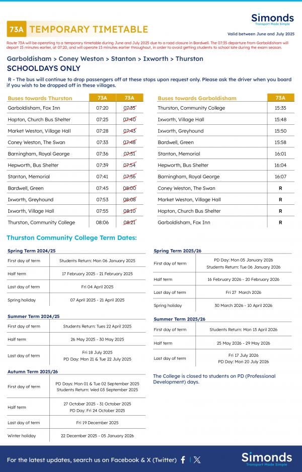 73A Temp Timetable June July 2025 Simonds2